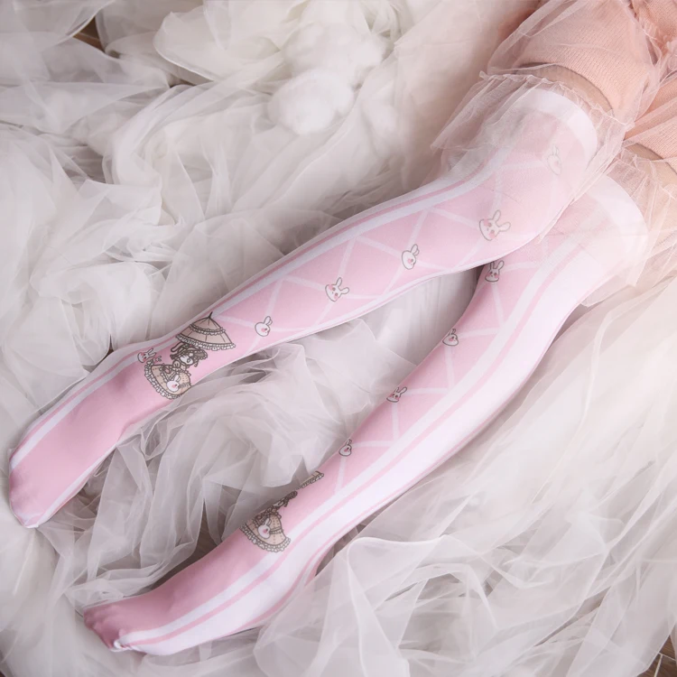 120D мягкие милые Мультяшные носки в стиле Лолиты с кроликом до бедра высокие чулки носки с двусторонним принтом - Цвет: Pink