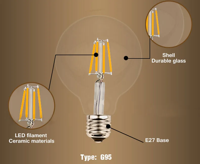 Светодиодный ламп накаливания E27 G95 Ретро лампа Эдисона 220 V старинная свеча свет сферическая люстра светодиоды по технологии cob домашний декор энергосберегающие лампы