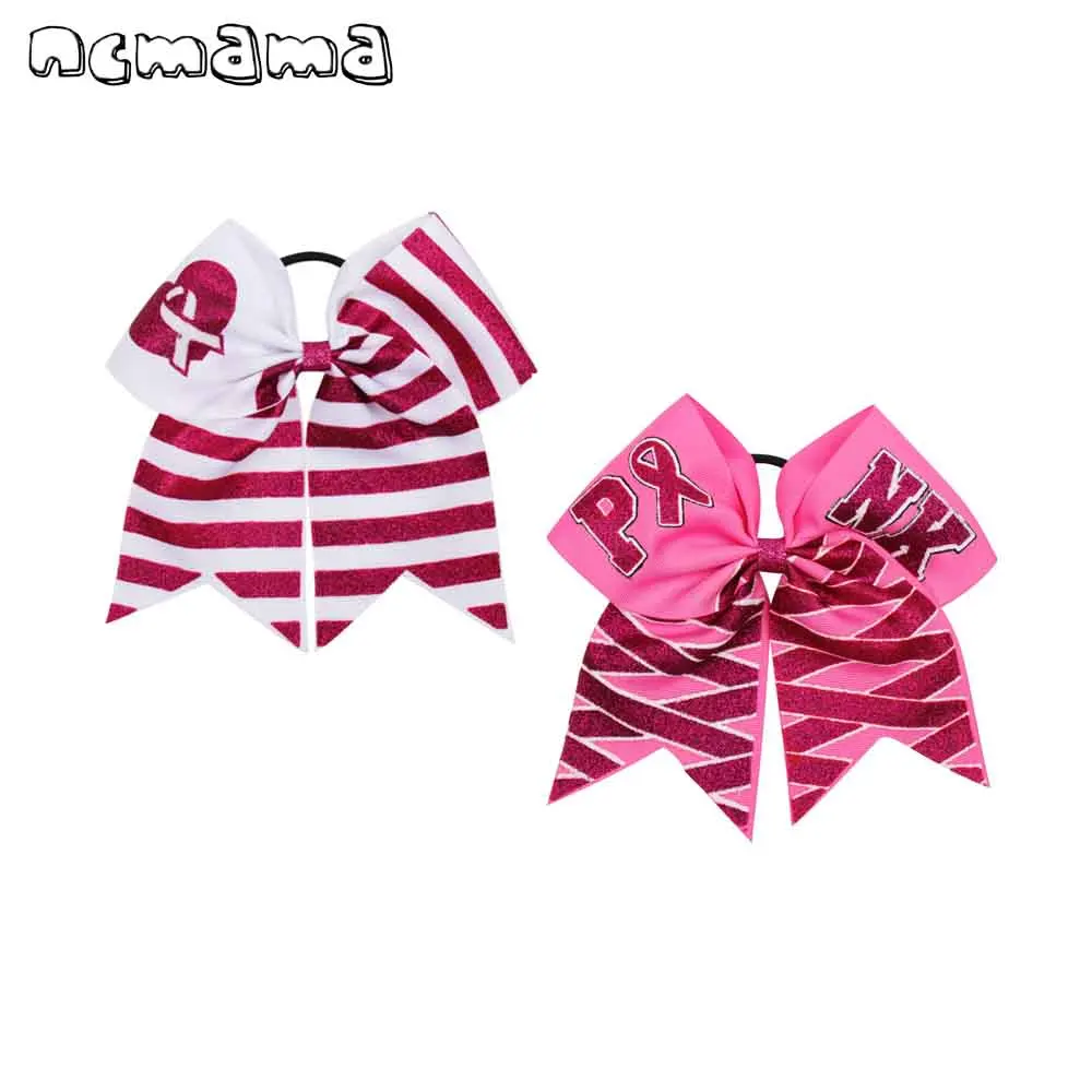 

7" Large Hair Bows Breast Cancer Awareness Pink Cheer Bows Ribbon Glitter Print Bowknot Elastic Hair Rubber Band Girls Headwear
