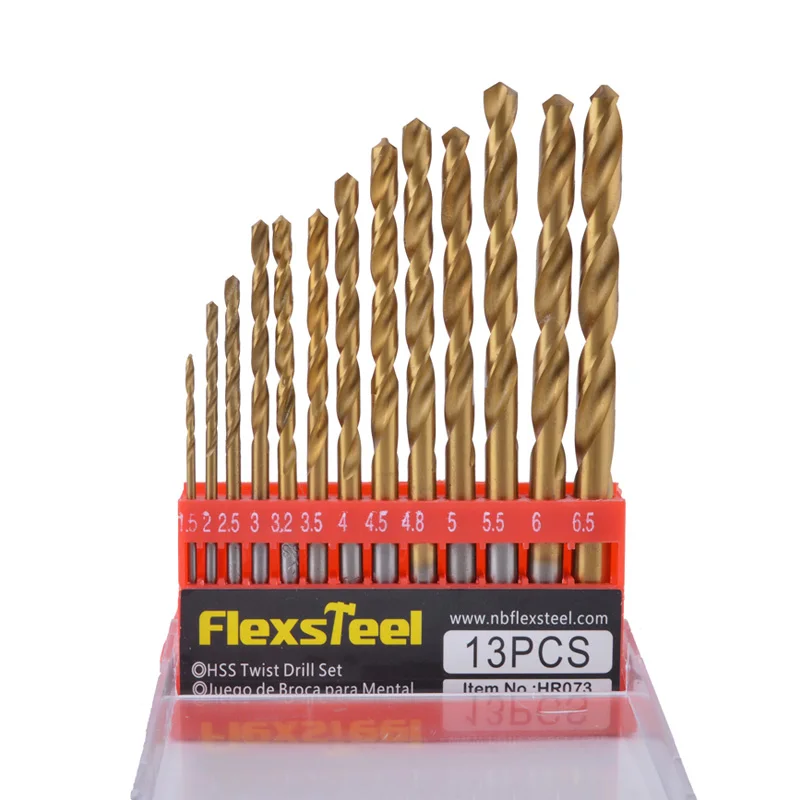 

13PCS 1.5-6.5mm High Quality HSS4341 High Speed Steel Material With Titanium  Plated  Twist Drill Bits Set 1/4 Hex Shank