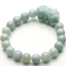 Чистый природный Класс JadeJadeite камень гладкий шарик и pixiu эластичный браслет