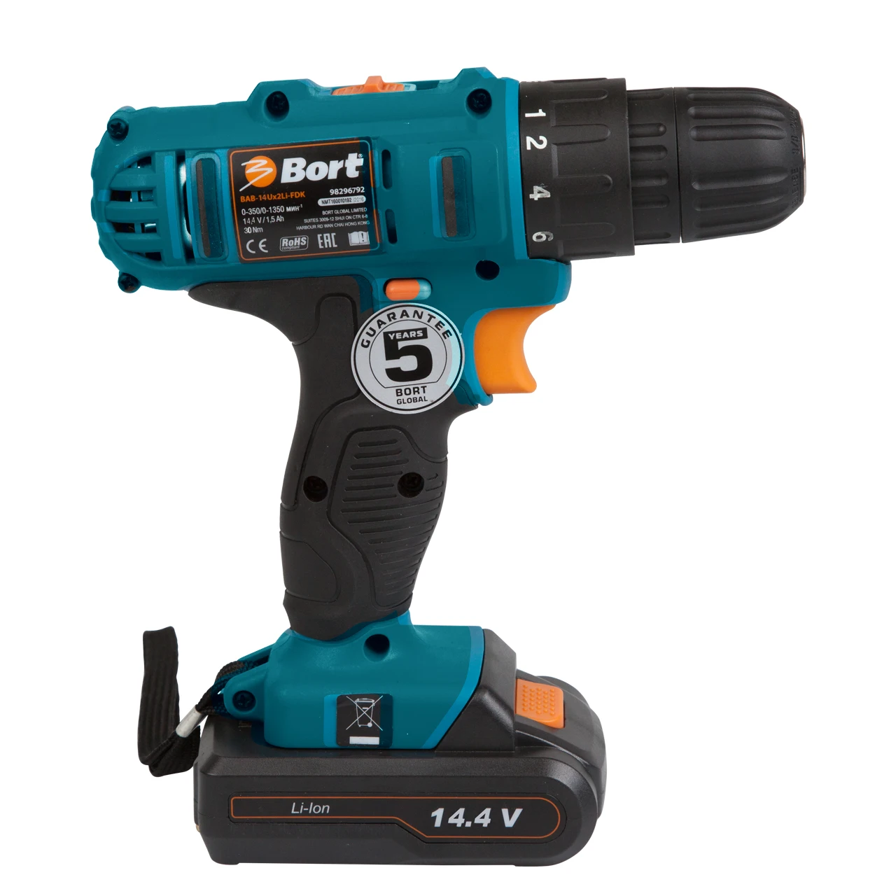 Дрель-шуруповерт аккумуляторная Bort BAB-14Ux2Li-FDK (Быстрозажимной патрон, 1350 об/мин, 2 скорости, Li-Ion батарея, высокий крутящий момент 30Нм, диаметр сверления 10-23 мм, подсветка рабочей зоны, реверс, дополнительный аккумулятор)