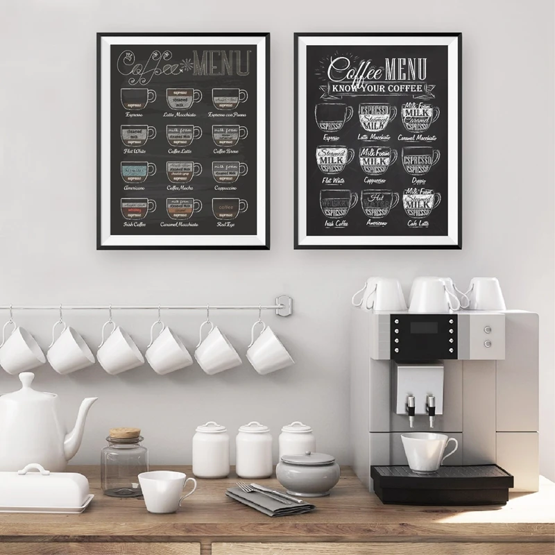 Vintage Style Chalkboard Painting Coffee Cups Names Canvas Prints Wall Decor