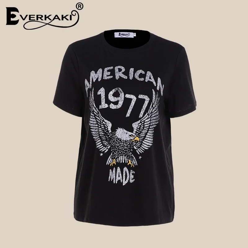 Everkaki, хлопок, 1977, Винтажная Футболка для женщин, Орел, узор, Повседневная футболка, футболки и топы, Ретро стиль, в стиле панк, бохо, женская футболка, лето - Цвет: black