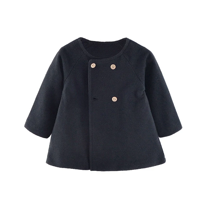 Детская шерстяная и смешанная одежда для маленьких девочек с длинными рукавами, кнопка для ветровки, пальто, плащ с круглым вырезом, осенне-зимнее пальто - Цвет: B