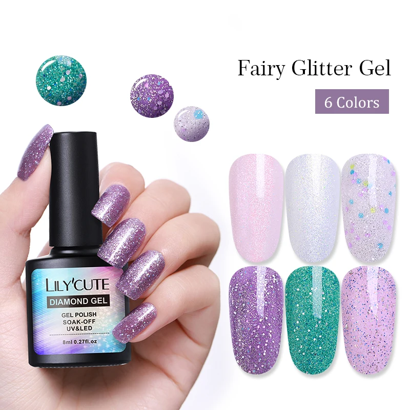 

LILYCUTE 8ml Fairy Glitter Soak Off UV Gel Polish Pearl Shimmer Sequins Nail Art Gel Varnish Manicure