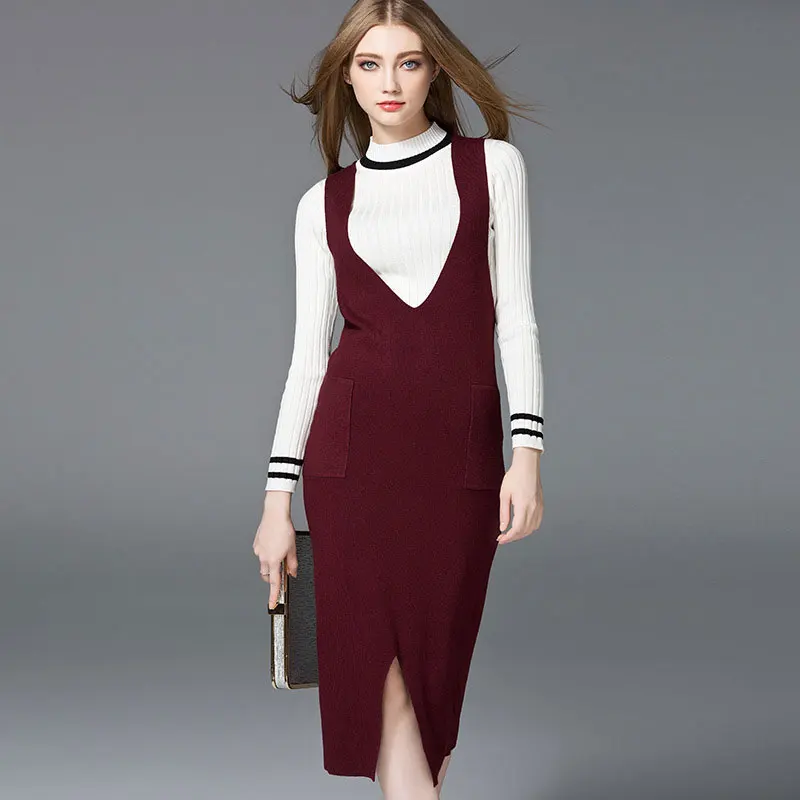 Autumn Winter Knitted Jumper Dress Sweater Dress Preppy V neck Retro Solid Color Midi Ladies