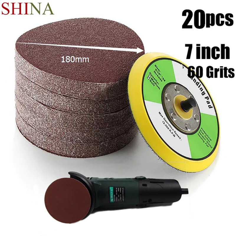 

SHINA 20pcs/lot 7''/180mm 60 Grits Power Sanding Disc Round Sandpaper Sander For Woodworking Hook and Loop Sand Disc