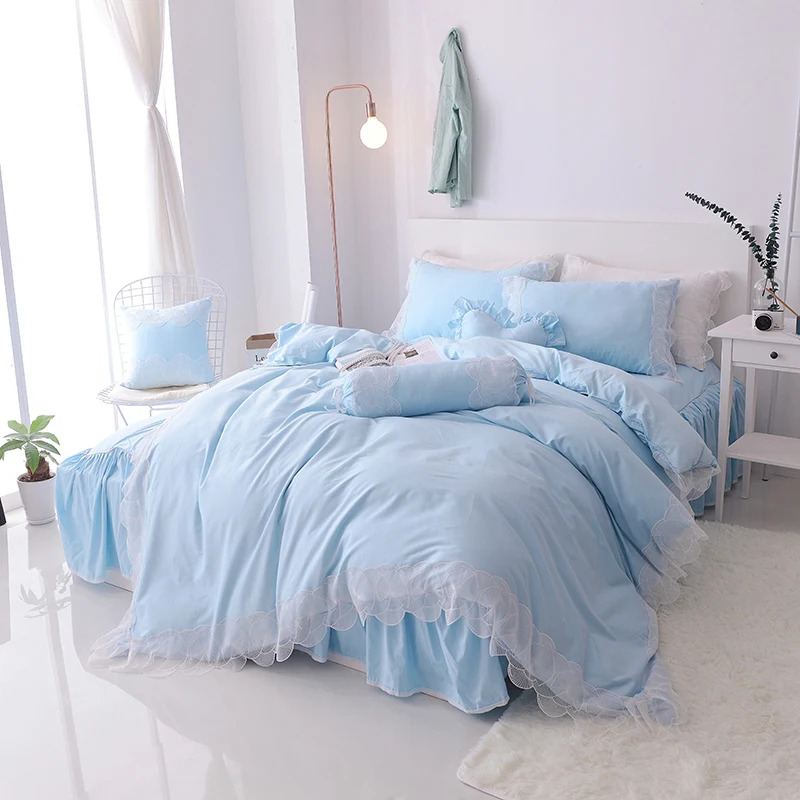 Papa&Mima light blue Princess bedding set Lace duvet cover ...