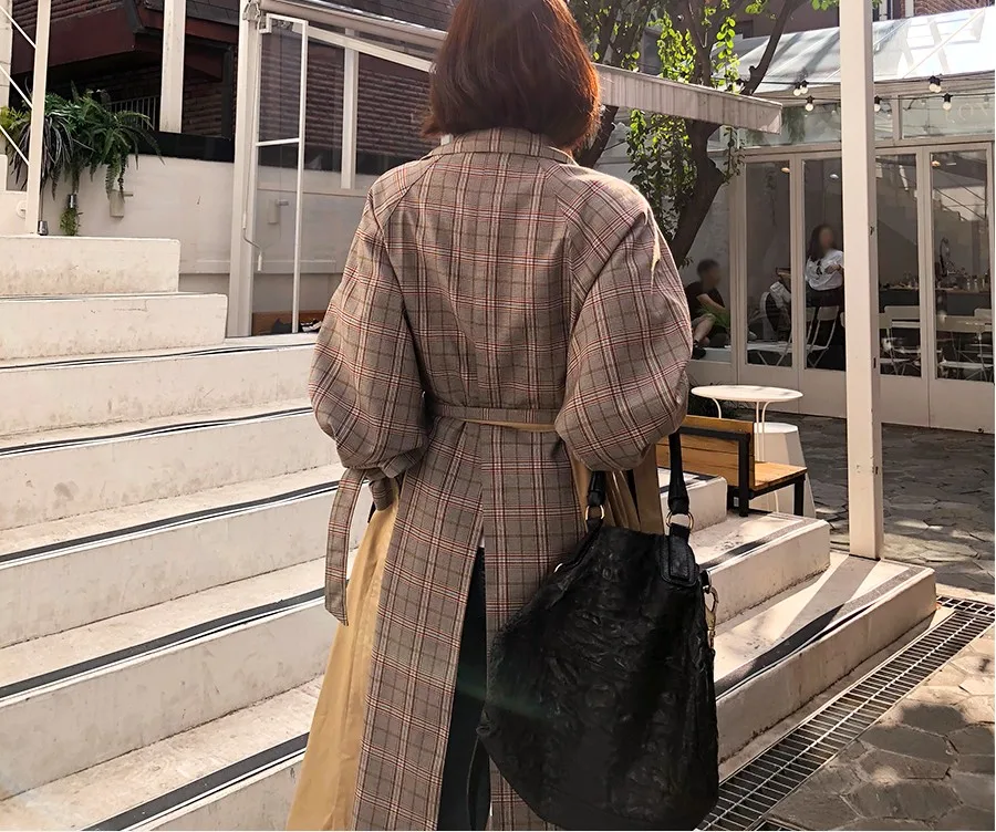 RUGOD/Винтажный Длинный офисный женский клетчатый блейзер в Корейском стиле с длинными рукавами, со шнуровкой, с карманом, Женская длинная куртка, модное лоскутное пальто auturm