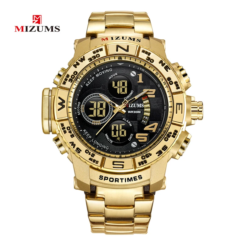 

MIZUMS Men Watch Gold Quartz Analog Digital LED Display Steel Band Sport Business Stop Watches for Men Chrono Military Clock