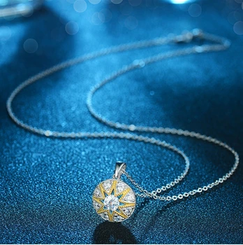 

100% 925 Sterling Silver Gold Sun Flower Round Pendant Necklaces for Women Silver Long 46cm Necklace Jewelry Fashion Jewelry