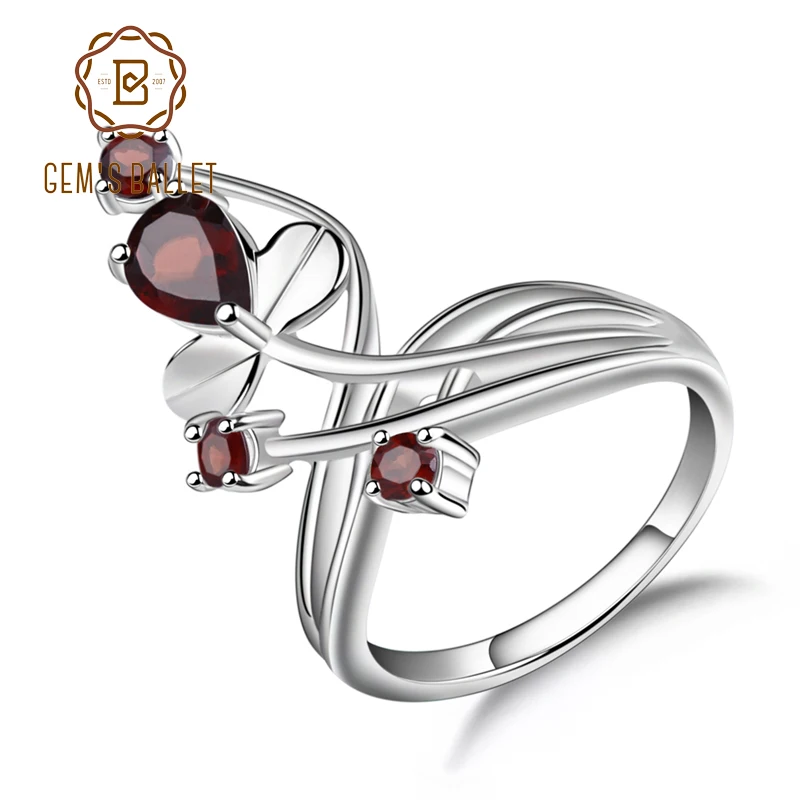 

Gem's Ballet 1.3Ct Natural Red Garnet Gemstone Ring Solid 925 Sterling Silver Flower Ring For Women Wedding Fine Jewelry