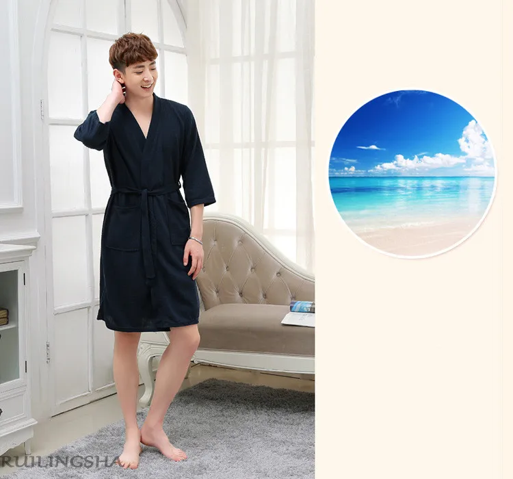 Men Summer Sleeping Robe Long Japanese Bathrobe Solid Men's Bath Robes Plus Size Thick Fabric Bath Wearing Clothing 2018 New (5)