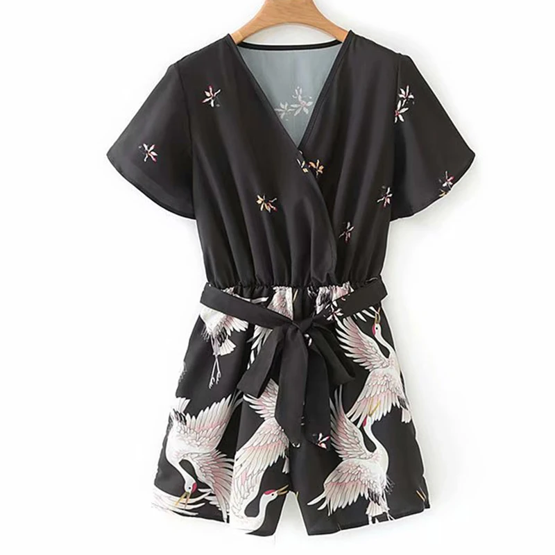 Women's Clothing Jumpsuit 2019 Polyester V-Neck Lace Up Crane printing Jumpsuit Ms Summer Sexy Slim Fit Temperament Rompers