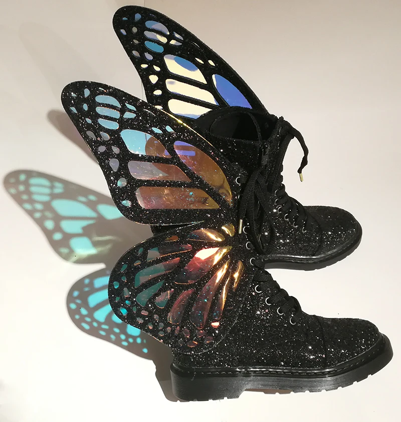 

2019 Summer Newest Silver Laser Leather Ankle Boots Beautiful Butterfly Wings Lace-up Flat Shoe Woman Round Toe Riding Boots
