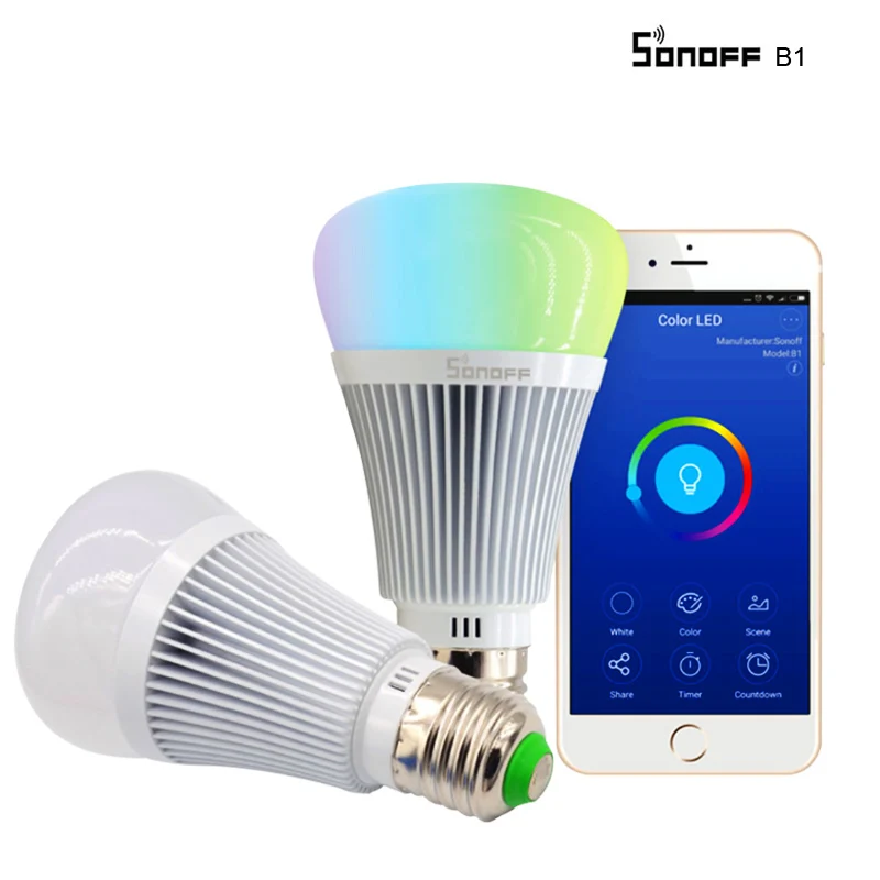 Sonoff B1 светодиодная лампа, Wifi, умный светильник, лампочки, дистанционное управление, Wifi, диммер, светильник, переключатель, светодиодный светильник, меняющий цвет, лампа, работает с Alexa