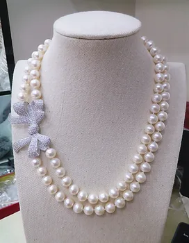 

Genuine 9-10MM natural pearl necklace double Necklace light pearl Bowknot flower 925 Silver clasp