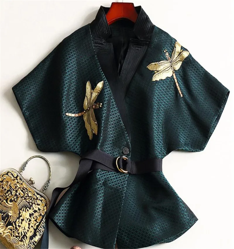 

Dark green Japanese Department Women Jacket Kimono Jackets Outerwear Womens New Coat Embroidery Beads Bat Sleeves Coats Formal