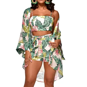 

3PCS Women Sexy Crop Top Short Pants With Coat Print Jumpsuit Casual Clubwear