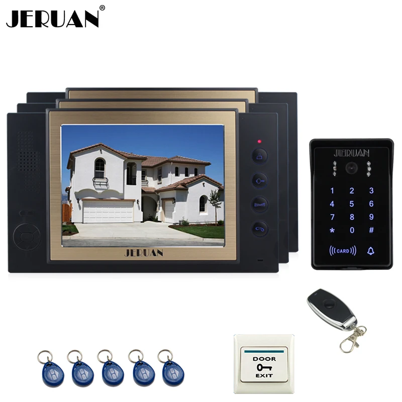 JERUAN 8 inch video door phone Record intercom system 3 monitor New RFID waterproof Touch Key password keypad Camera 8G SD Card