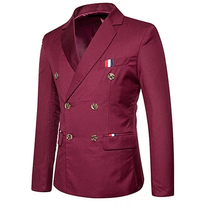 wine red Новое поступление мужской пиджак Весна Британский Стиль двубортный тонкий мужской повседневный двубортный пиджак европейский размер - Цвет: wine red