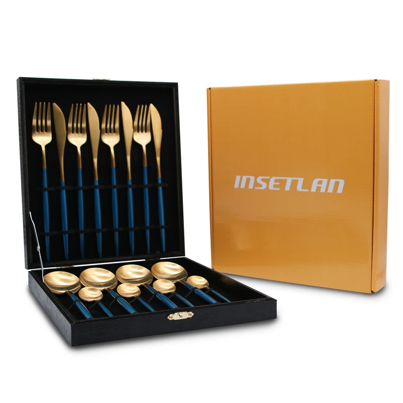

Noble18/10 Quality Stainless Steel dinnerware Steak Knife Fork 16pcs Tableware Blue Gold Cutlery Set With Gift Box Drop Shipping