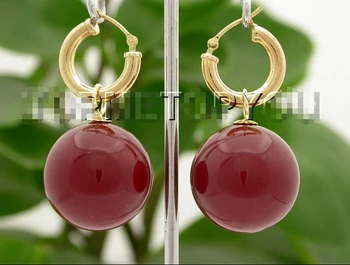 

Genuine Dangle big red round sea shell pearls Earrings 14KGP hoop E1602