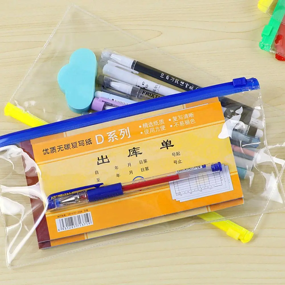 5Pcs Waterproof Transparent PVC Zipper Bag File Folder Document Filing Bag Stationery Bag School Office Supplies random color