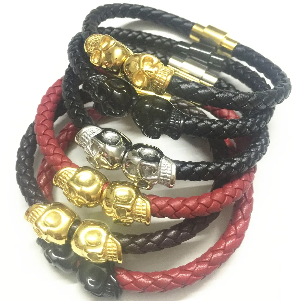 

2017 winter hot selling men's northskull bangles double skull bracelet leather customer name & logo engraved