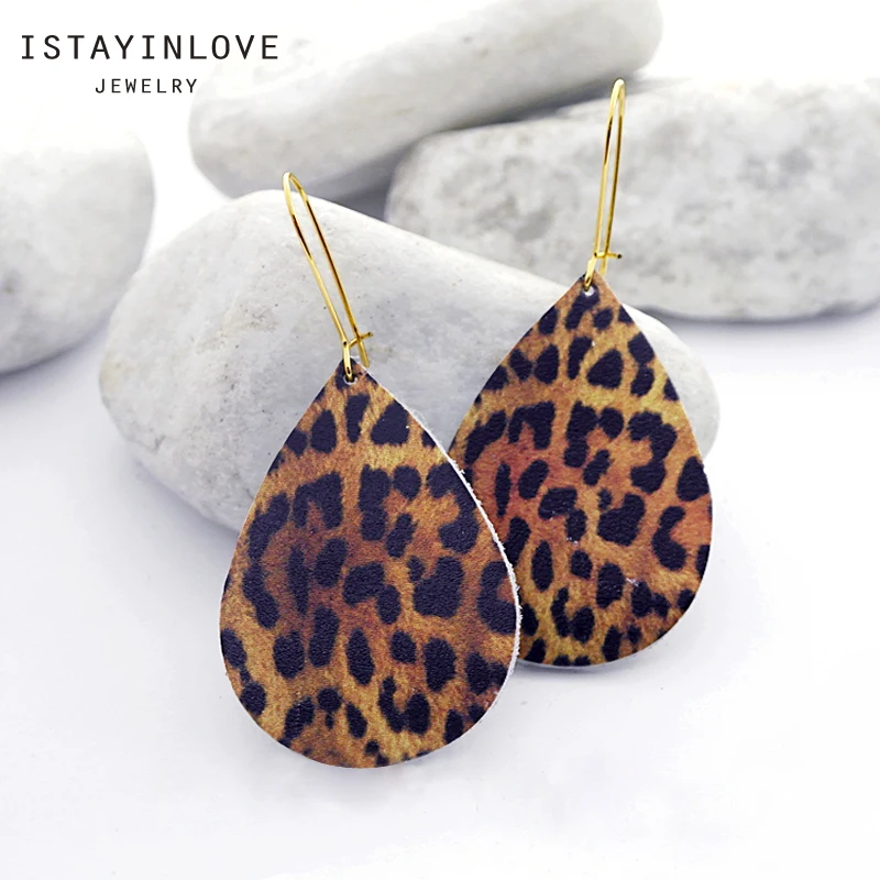 

ISTAYINLOVE JEWELRY Leopard Pattern Jewelry Genuine Leather Dangle Earrings Silver Gold Ear Hooks Boho Teardrop Die Cut LET40