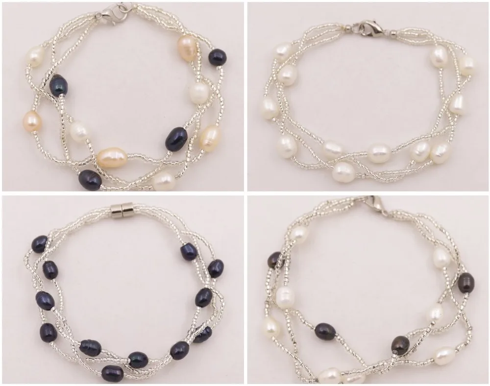 

3 ROWS 5mmX7mm Real Drop Rice Pearl Beads Handmade Bracelet 7" Long Choose Color White Black Pink