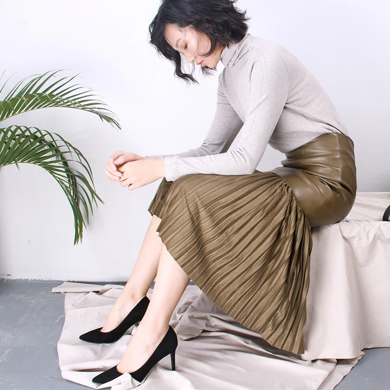 

Free Shipping 2018 New Fashion PU Leather Pleated Long Mid-calf Women Skirts Ladies Pencil S-2XL Vintage High Waist Winter Skirt