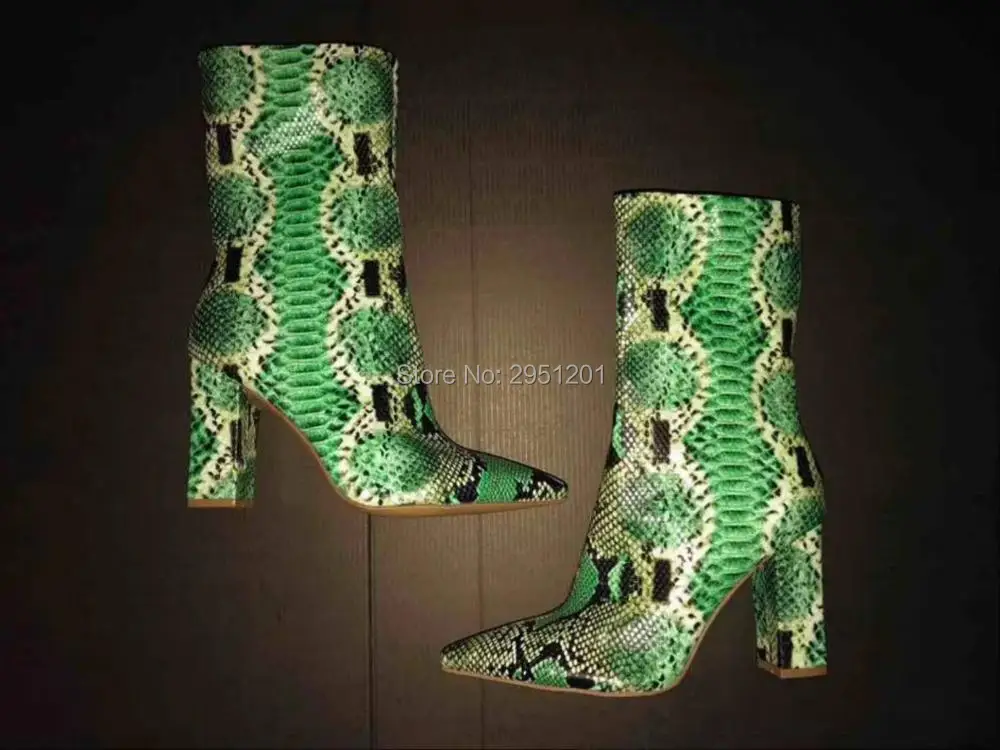 

Brand Botas Mujer Riding Boots Green Snake Pattern Motocycle Boot 10CM High Heel Women Ankle Booties