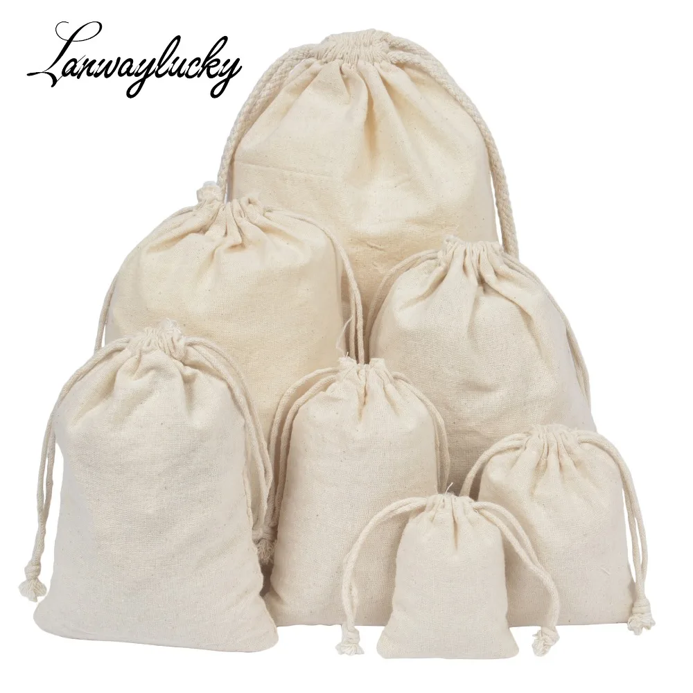 

50pcs/lot Handmade Small Muslin Cotton Drawstring Packaging Gift Bags For Coffee Bean Jewelry Wedding Favors Rustic Storage Bags