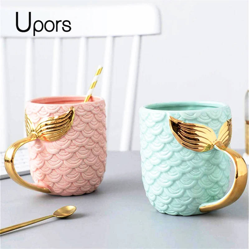 UPORS 420 мл творческие керамические чашки Русалка кофе кружка жемчужное покрытие керамические золотистые с ручкой молока чашки подарки на день рождения