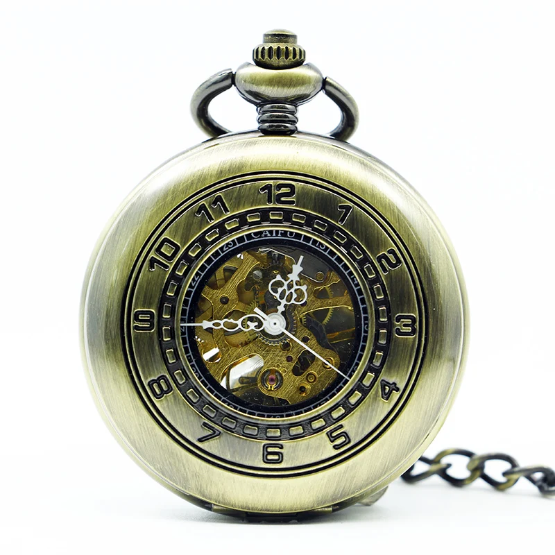 

Antique&Vintage Style Bronze Skeleton Steampunk Nice Mechanical Men's Pocket Watch Fob Chain Black Dial PJX1245