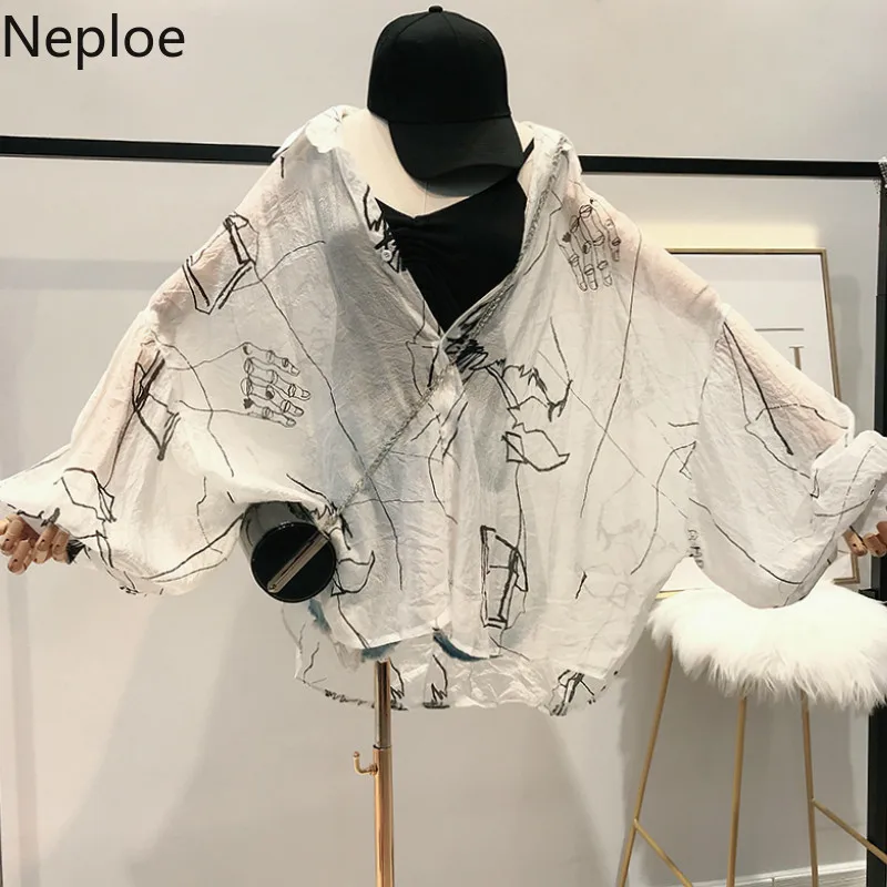 Neploe Harajuku, женские рубашки с принтом, лето, отложной воротник, рукав летучая мышь, блузка, свободная, солнцезащитная, женские топы 44659
