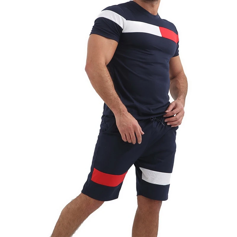 Спортивный костюм для мужчин, Летний фитнес, бег, комплект из двух предметов, футболка, Топы, короткие штаны, обтягивающие Беговые брюки для мужчин, мужской спортивный костюм, одежда - Цвет: navy blue