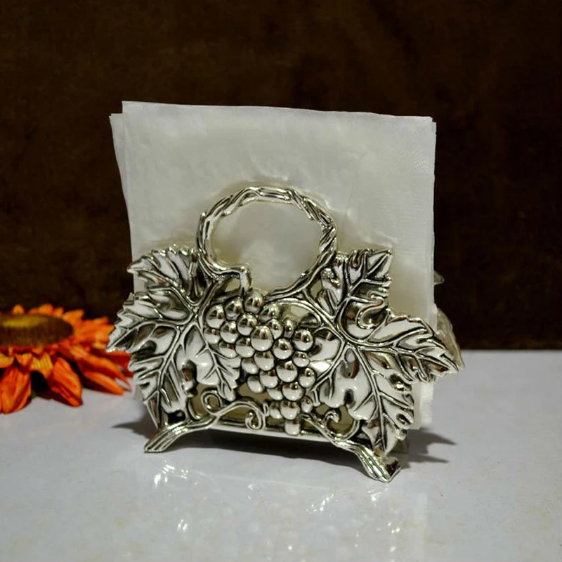 

European Vintage Silver Grape Vine Fruit Design Home Tabletop Decor Metal Standing Tissue Paper Napkin Holder