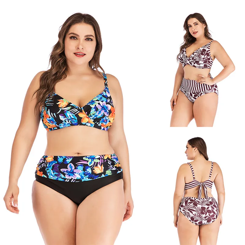 

Plus Size Women Bathing Suit Two Piece Large Push Up Bikini Floral Swimwear Cross Bandage Vintage High Waist Female Swimsuit 5XL