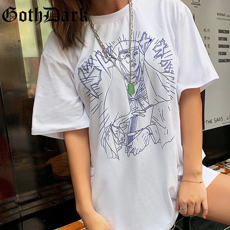 

Goth Dark White Loose Print Grunge Gothic Women's T-shrits Harajuku Punk Fashion Autumn 2019 Female Tshirt Streetwear Vintage