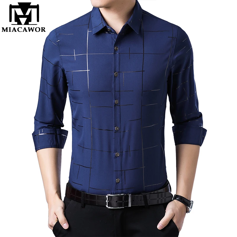 

MIACAWOR 2019 New Men Shirt Casual Print Plaid Shirts Slim Fit Dress Shirt Long Sleeve Camisa Masculina C447