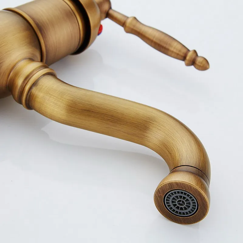 Antique Brass Swivel Spout Single Hole Basin Faucet Deck Mounted Bathroom Faucet Vanity Sink Mixer Tap KD744