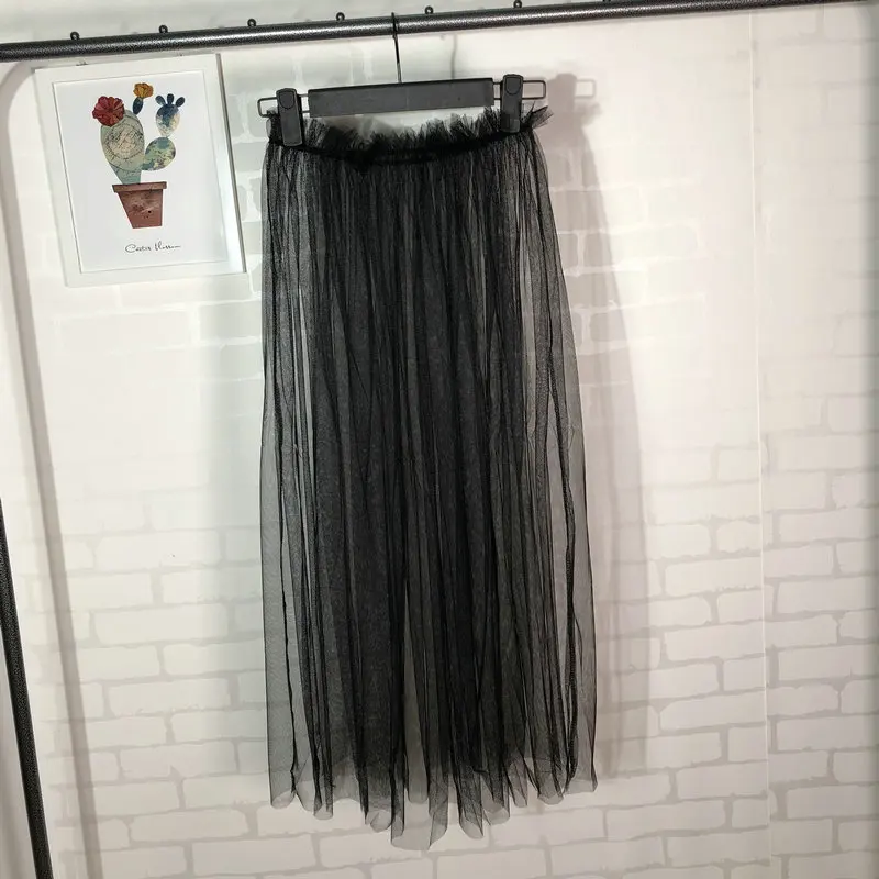 ELEXS, однослойная длинная фатиновая юбка 80 см, прозрачная плиссированная сетчатая юбка, Женская перспективная юбка E8522 - Цвет: Черный
