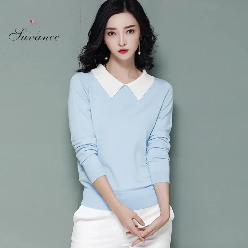 Suvance Autumn Winter V Neck Contrast Color Long Sleeves Slim Knitted Pullovers Sweaters | Женская одежда