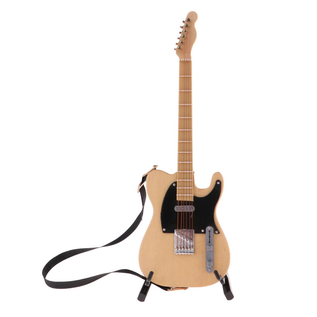 1/6 Mini Kids Toy Guitar Musical Instrument Miniature Dollhouse Model Home decoration with Stand for Music Room (Beige)