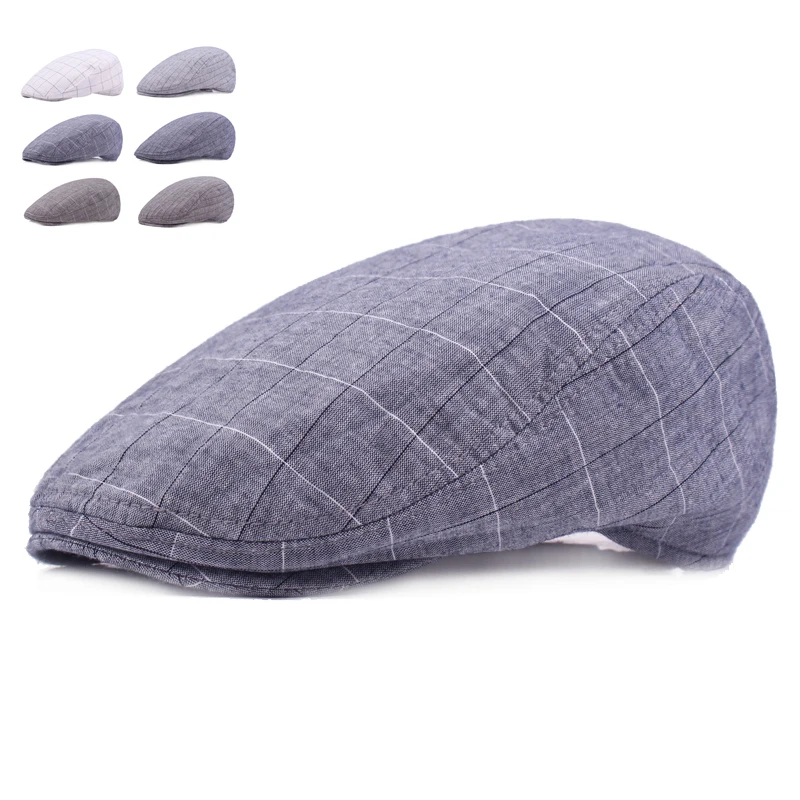 

Cotton and Linen Beret Caps for Men Women Spring Summer Plaid Sun Caps Adult Berets Cap Brand British Style Unisex Flat Hat