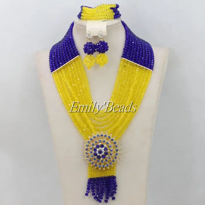 2015 Marvelous Royal Blue/Lemon Yellow African Wedding Beads Costume Nigerian Crystal Jewelry Set Free Shipping AMJ828 | Украшения и