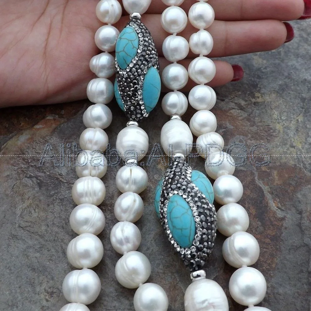 

55'' White Pearl Blue Stone Black Macarsite Long Necklace